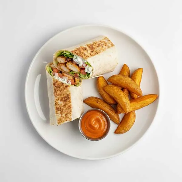 Tzatziki Spiced Chicken Wrap With Potato Wedge And Harissa Mayo